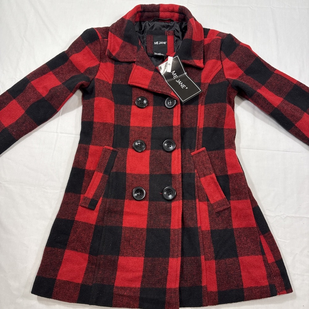 Flannel Double Breasted Pea Coat Women's Size 14 Red Black Buffalo Plaid Me Jane